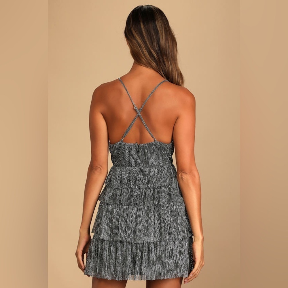 Lulus Glowing Gorgeous Silver Metallic Sparkly Shiny Tiered Mini Dress 4 Flaw - Picture 3 of 13